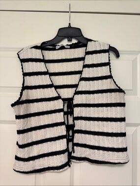 Mango Black and White Striped Knit Tie-Front Vest